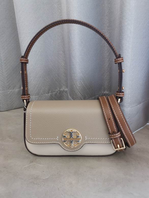 Tory Burch Miller Mini Shoulder Bag in Greige Pebbled Leather with Brown Strap