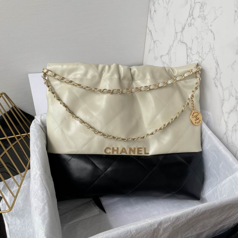 Chanel 22 Mini Quilted Hobo Tote in Cream and Black Shiny Calfskin