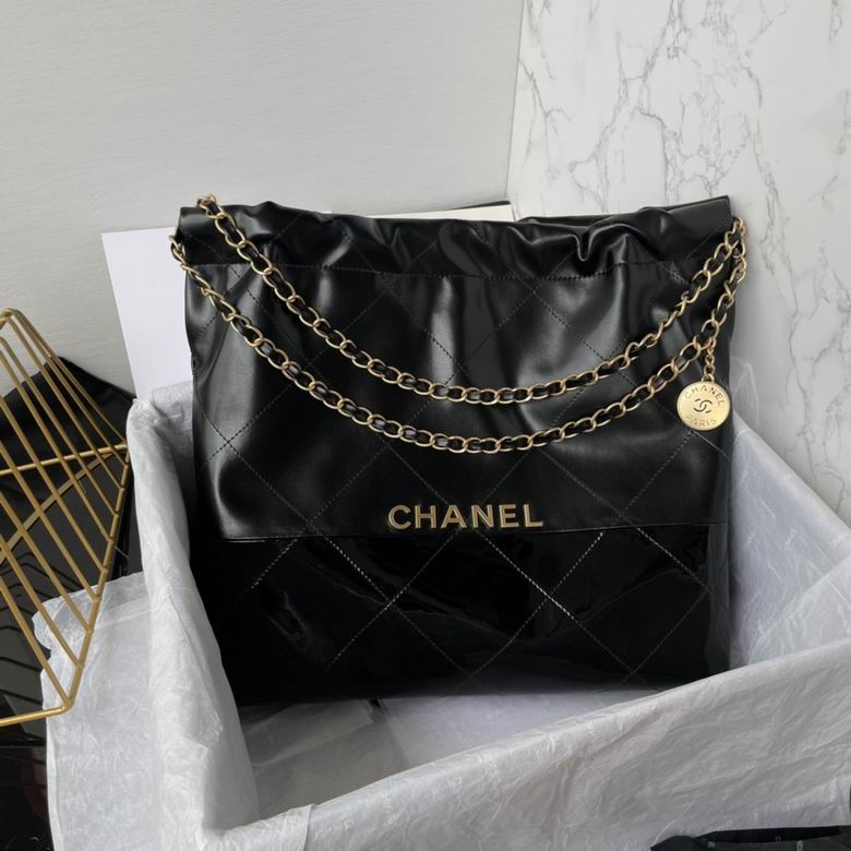 Chanel 22 Mini Quilted Chain Hobo Tote Bag in Black Shiny Leather