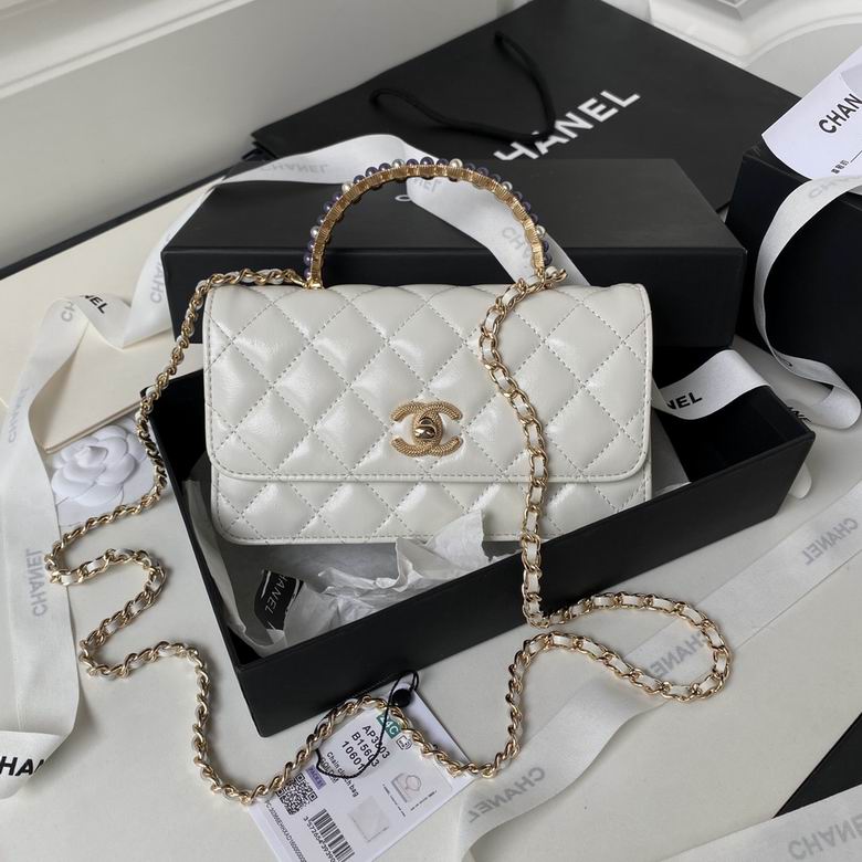 Chanel Mini Flap Bag with Pearl Top Handle and Chain Strap in White Quilted Leather