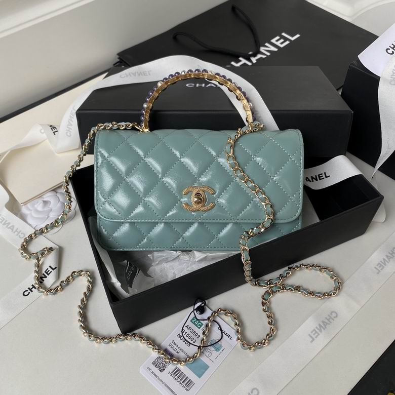 Chanel AP3803 Quilted Flap Clutch with Chain and Top Handle in Light Blue