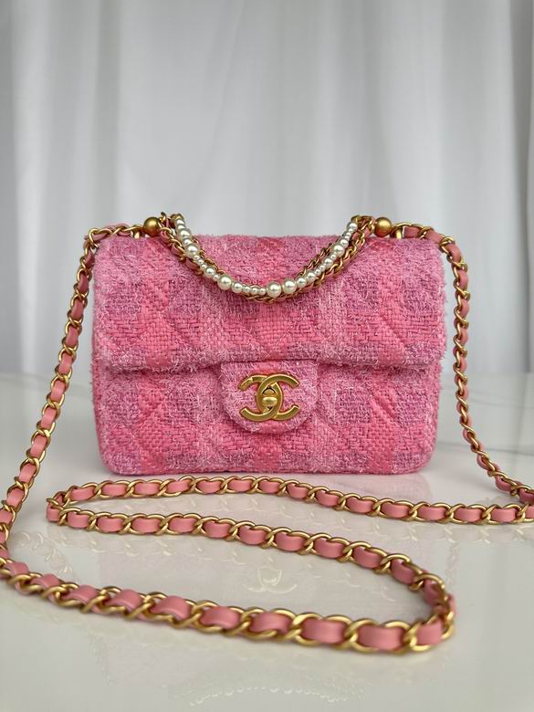 Chanel Mini Flap Bag with Pearl Handle in Pink Tweed and Gold-Tone Chain