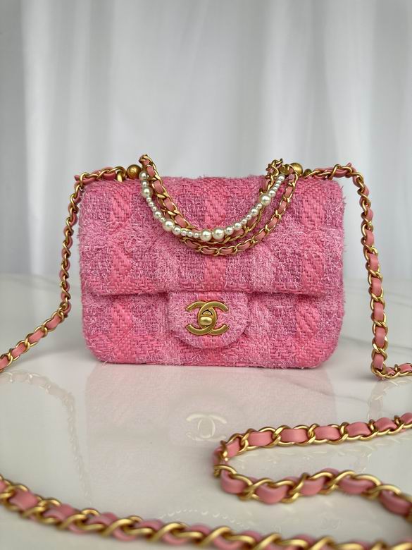 Chanel Mini Flap Bag with Pearl Chain Detail in Pink Tweed
