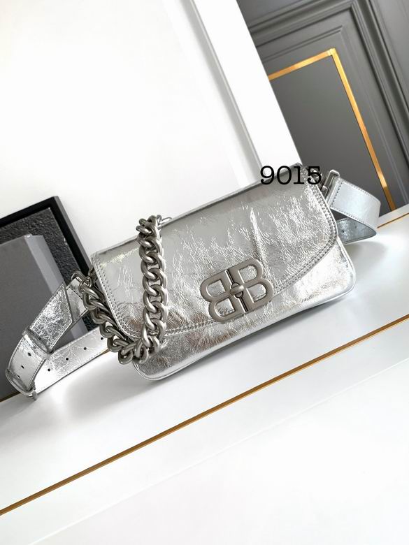 Balenciaga BB Soft Flap Shoulder Bag in Silver Metallic Crinkled Leather