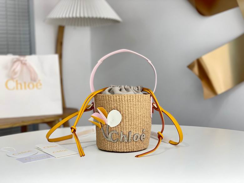 Chloé Woody Small Bucket Bag in Natural Raffia with Yellow Leather Ties