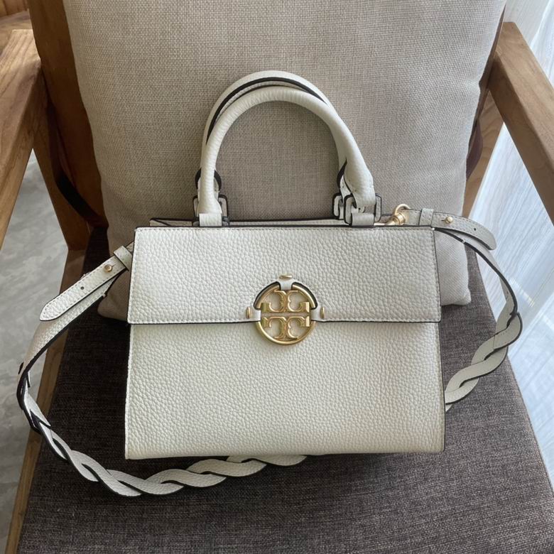 Tory Burch Miller Top-Handle Satchel in Cream Pebbled Leather with Gold Logo