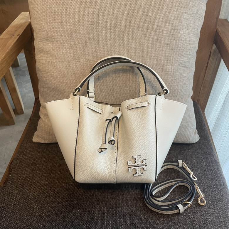 Tory Burch McGraw Mini Drawstring Bucket Bag in Cream Pebbled Leather