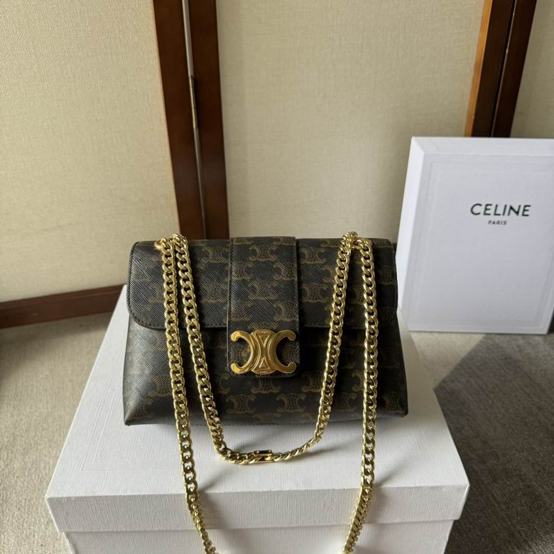 Celine Triomphe Chain Shoulder Bag in Triomphe Canvas, Tan and Brown