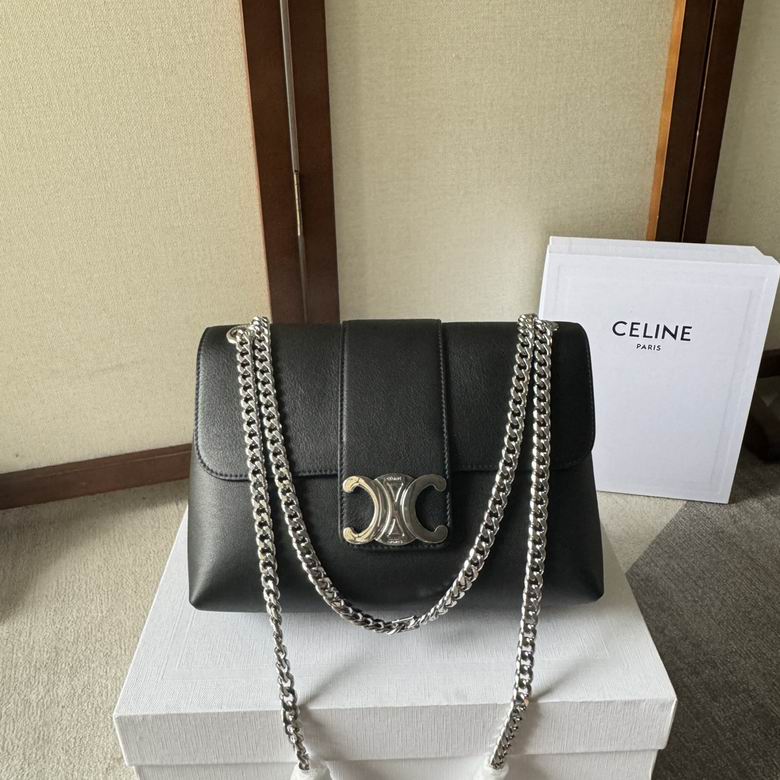 Celine Triomphe Chain Shoulder Bag in Black Smooth Leather with Silver Hardware