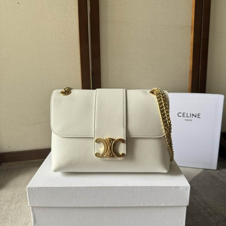 Celine Triomphe Chain Shoulder Bag in White Smooth Leather with Gold Hardware