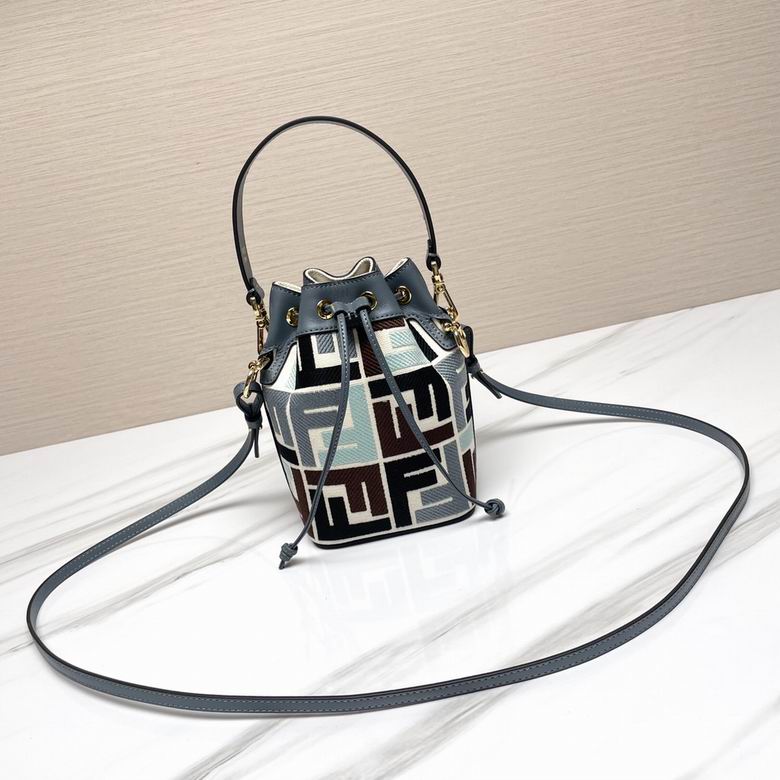 Fendi Mon Tresor Mini Bucket Bag in FF Jacquard Fabric, Blue-Grey Multicolor