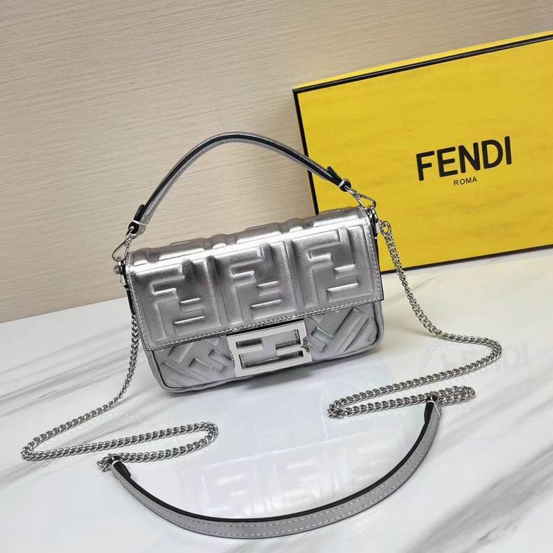 Fendi Baguette Mini Bag in Silver Metallic FF-Embossed Leather with Chain