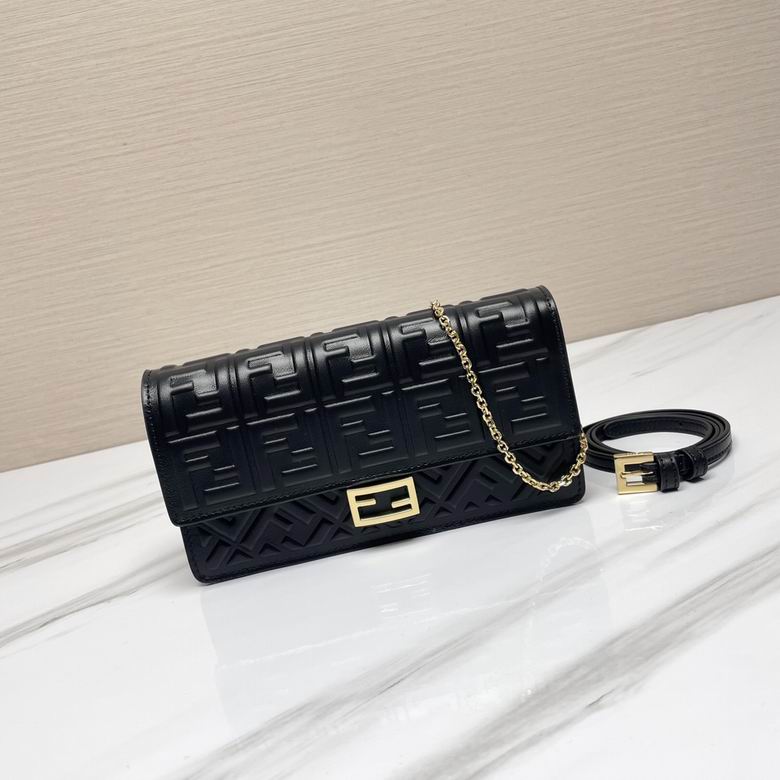Fendi Baguette Wallet on Chain in Black FF Embossed Leather with Gold Hardware