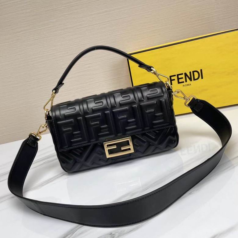 Fendi Baguette Medium FF-Embossed Shoulder Bag in Black Nappa Leather