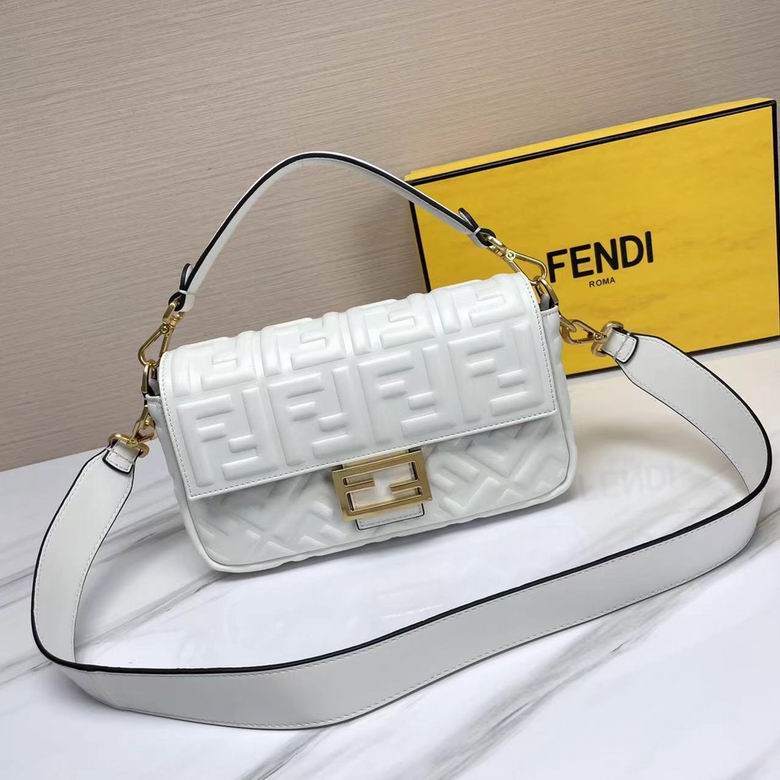 Fendi Baguette Medium Shoulder Bag in White FF Embossed Leather