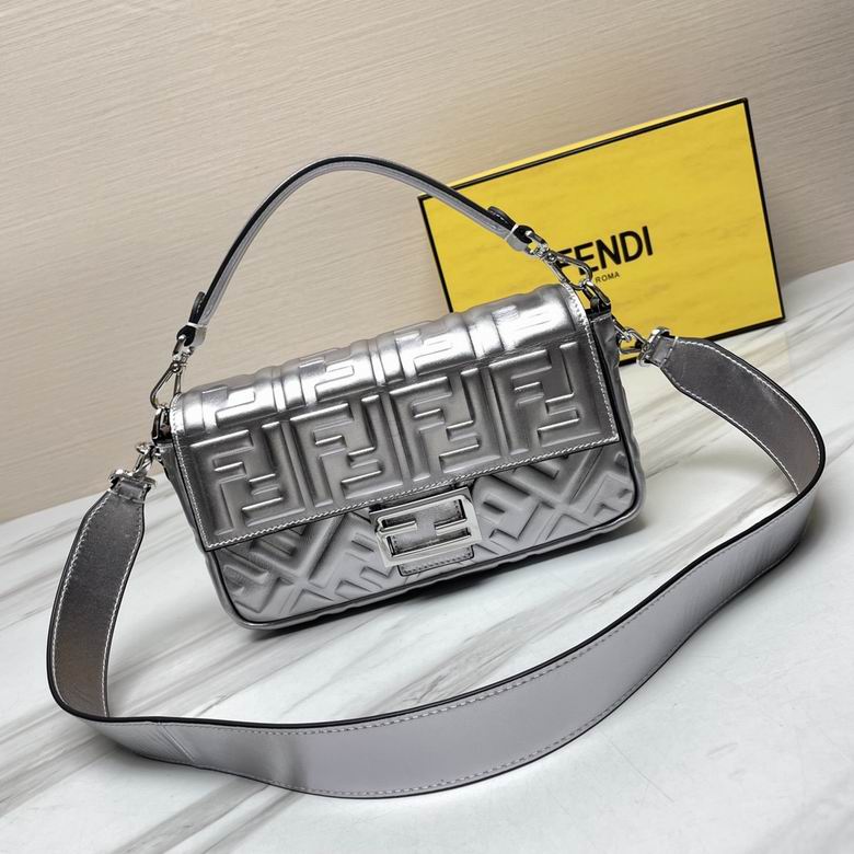 Fendi Baguette Medium Shoulder Bag in Silver Metallic FF Embossed Leather