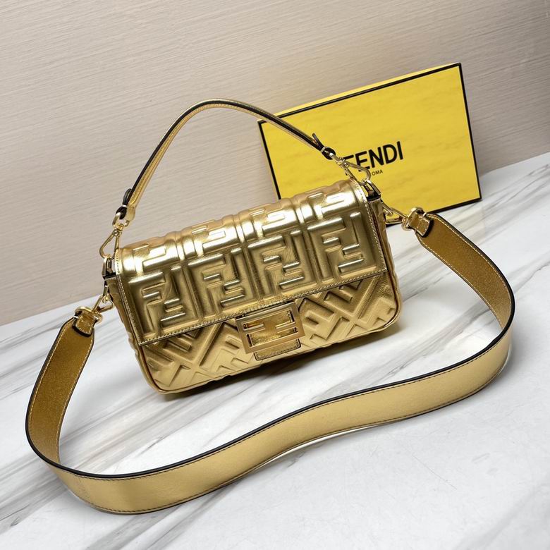 Fendi Baguette Medium FF-Embossed Shoulder Bag in Gold Metallic Leather