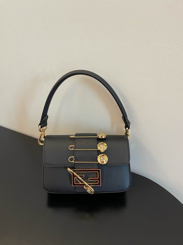 Fendi Baguette Top-Handle Bag in Black Leather with Gold Safety Pin Details