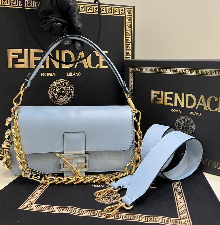 Fendi Baguette Medium Shoulder Bag in Light Blue Leather with Gold Chain