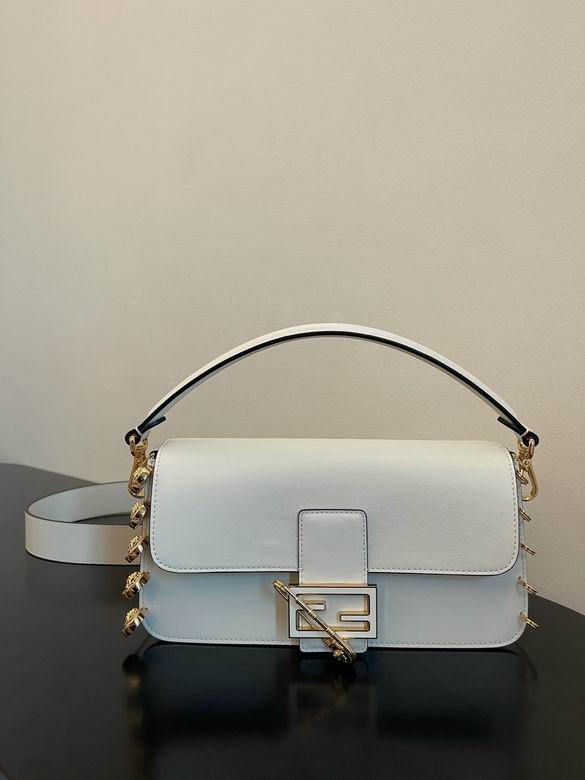 Fendi Baguette Medium Shoulder Bag in White Leather with Gold Safety Pin Details