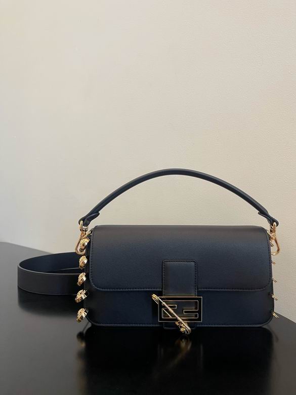 Fendi Baguette Medium Flap Bag with Safety Pin Details in Black Leather