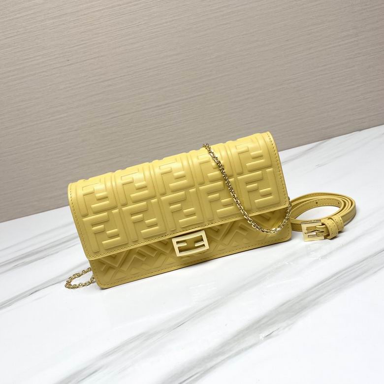 Fendi Baguette Wallet on Chain with Embossed FF Motif in Yellow Leather