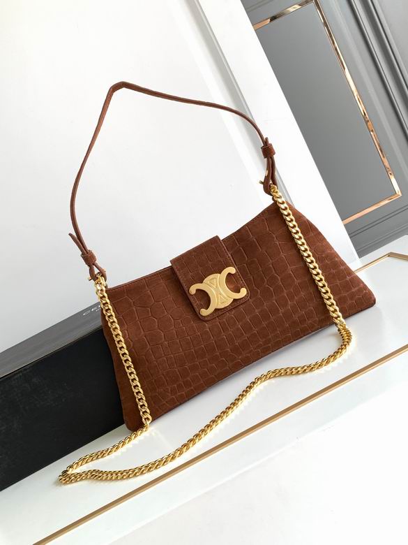 Celine Claude Shoulder Bag with Triomphe Clasp in Brown Croc-Embossed Suede
