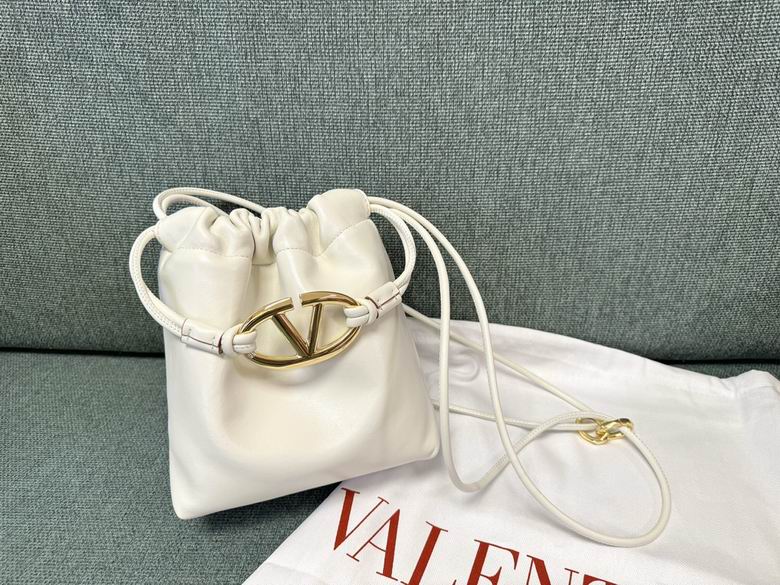Valentino Garavani VLogo Drawstring Bucket Bag in White Nappa Leather
