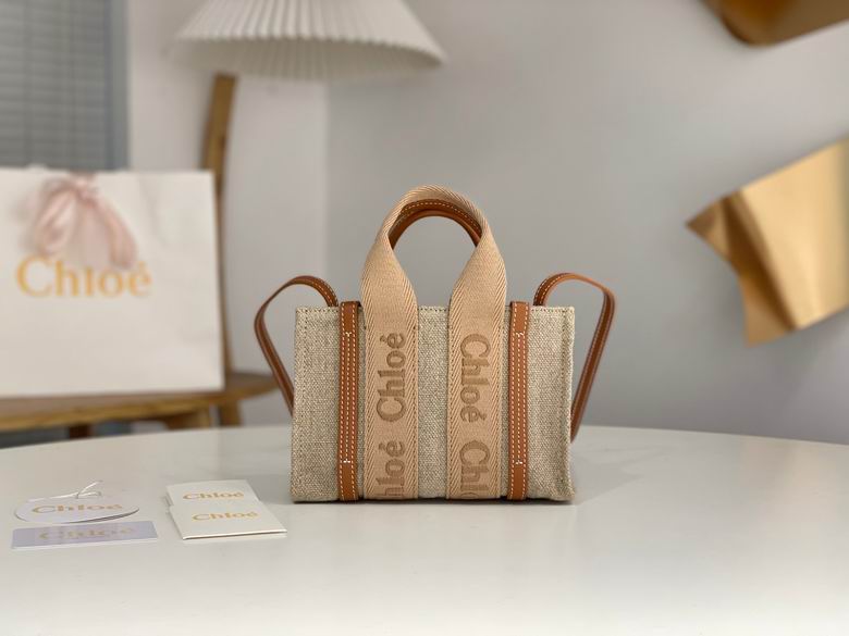 Chloé Woody Mini Tote Bag in Natural Linen Canvas with Tan Leather