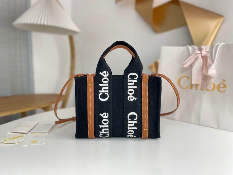 Chloé Woody Tote Bag in Black Canvas with Tan Leather and Logo Straps