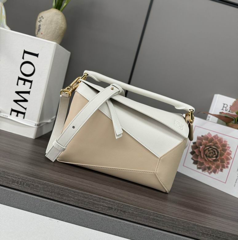 Loewe Puzzle Small Top-Handle Crossbody Bag in Beige and White Calfskin