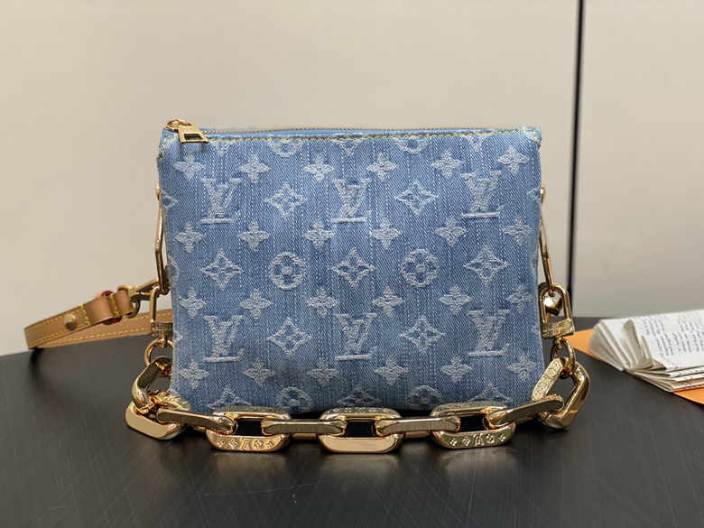 Louis Vuitton Coussin BB Shoulder Bag in Blue Monogram Denim with Gold Chain