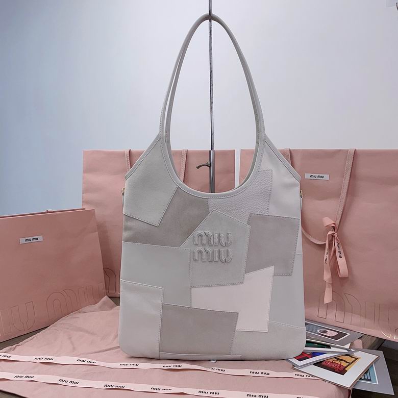 Miu Miu Ivy Patchwork Shoulder Tote Bag in Grey and White Suede and Leather