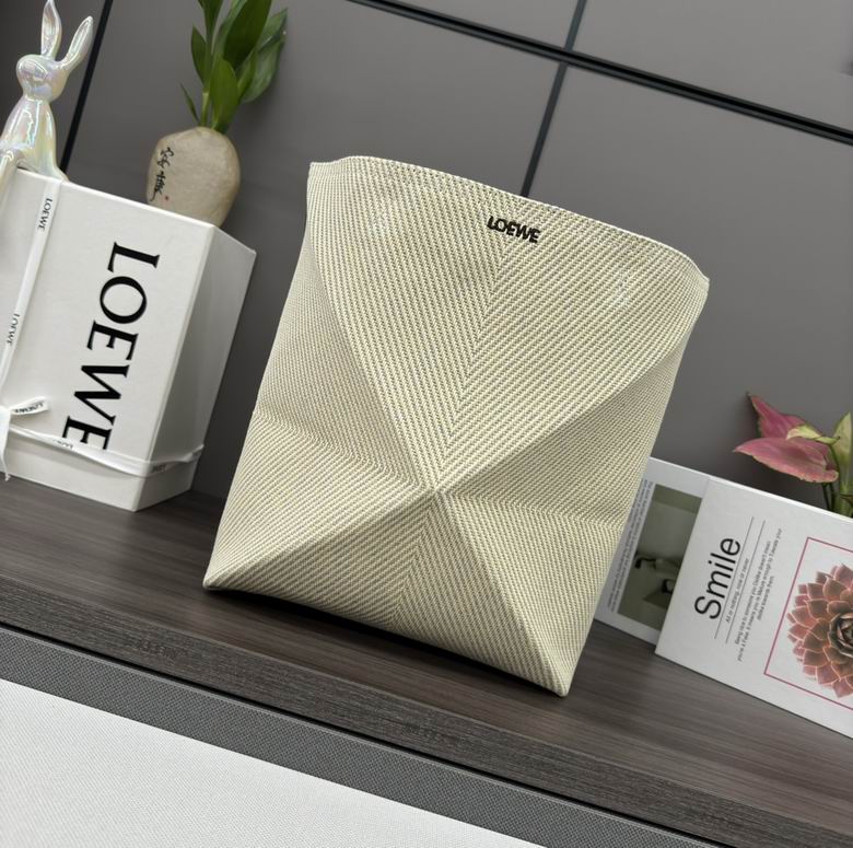 Loewe Puzzle Fold Tote Bag in Cream Herringbone Striped Canvas