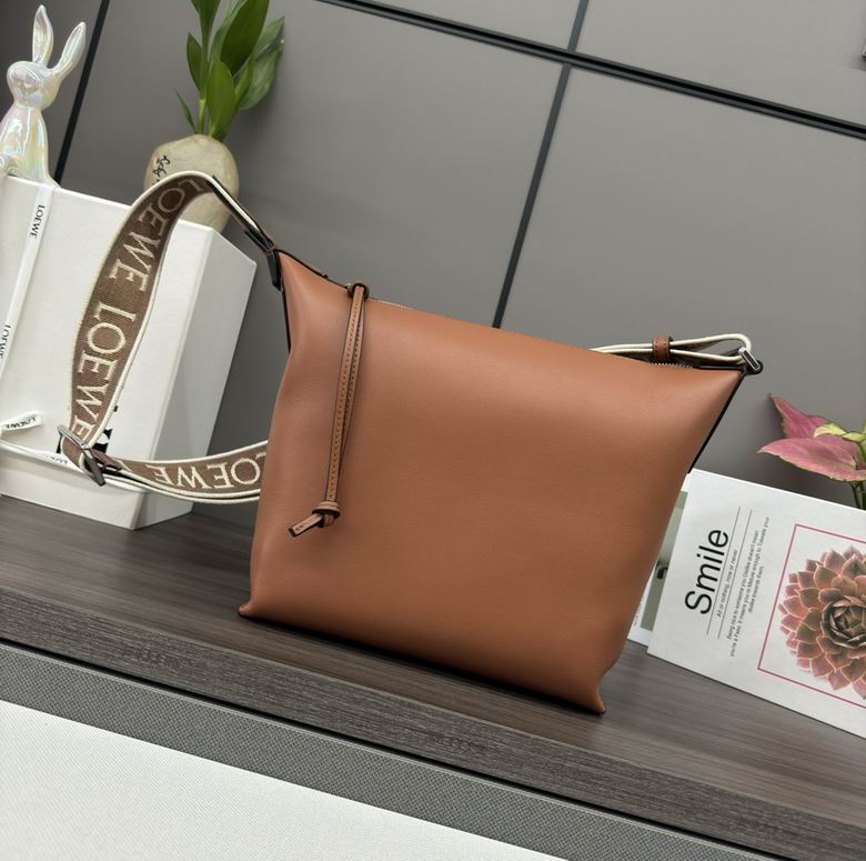 Loewe Cubi Crossbody Bag in Tan Smooth Calfskin with Logo Jacquard Strap