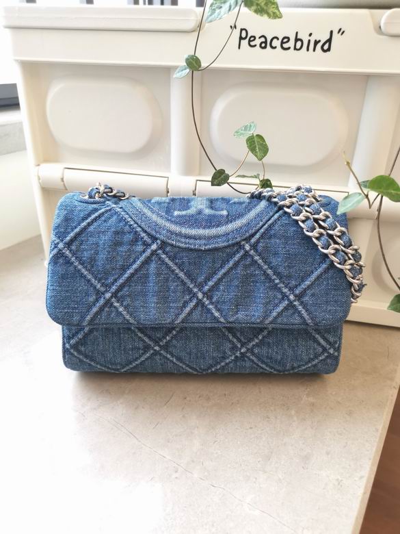 Tory Burch Fleming Small Convertible Shoulder Bag in Blue Quilted Denim