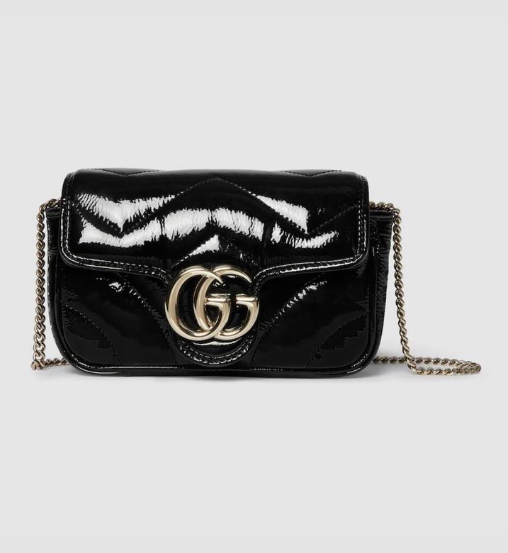Gucci GG Marmont Super Mini Shoulder Bag in Black Patent Matelassé Leather
