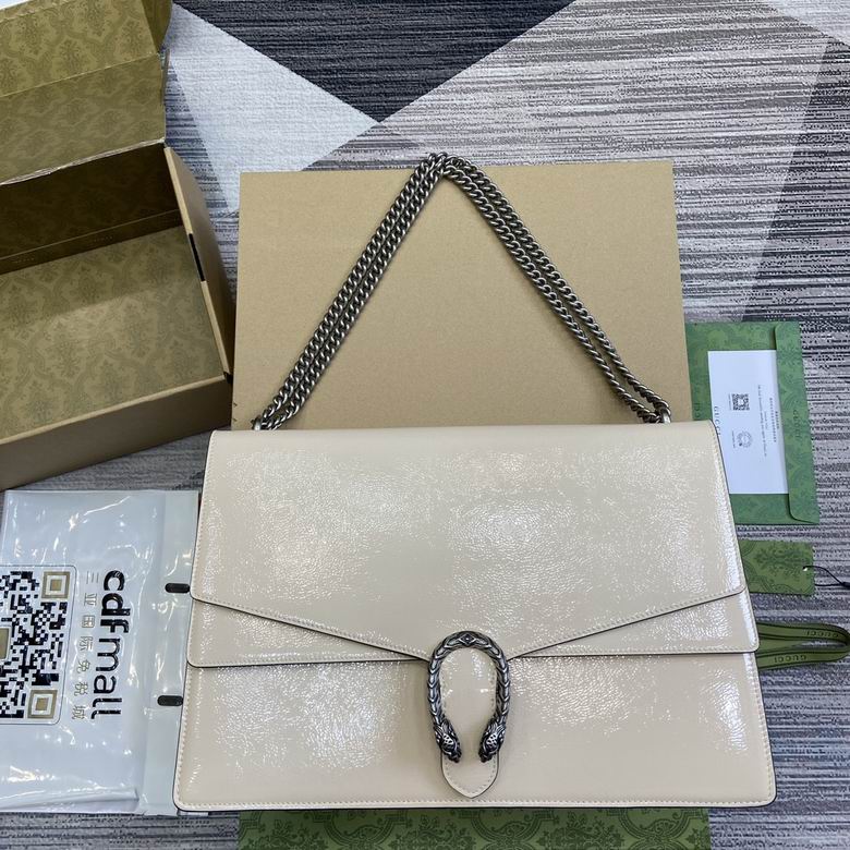Gucci Dionysus Large Shoulder Bag in Cream Crinkled Patent Leather