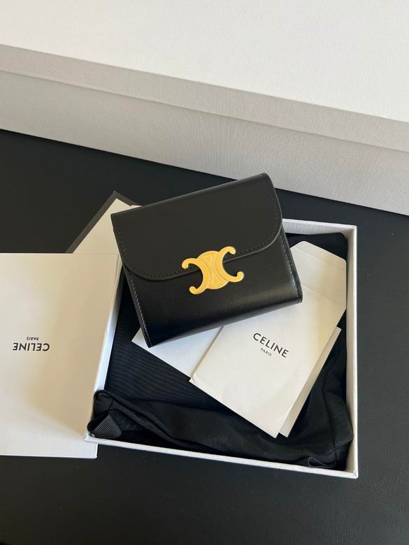 Celine Triomphe Small Trifold Wallet in Black Shiny Calfskin with Gold Hardware