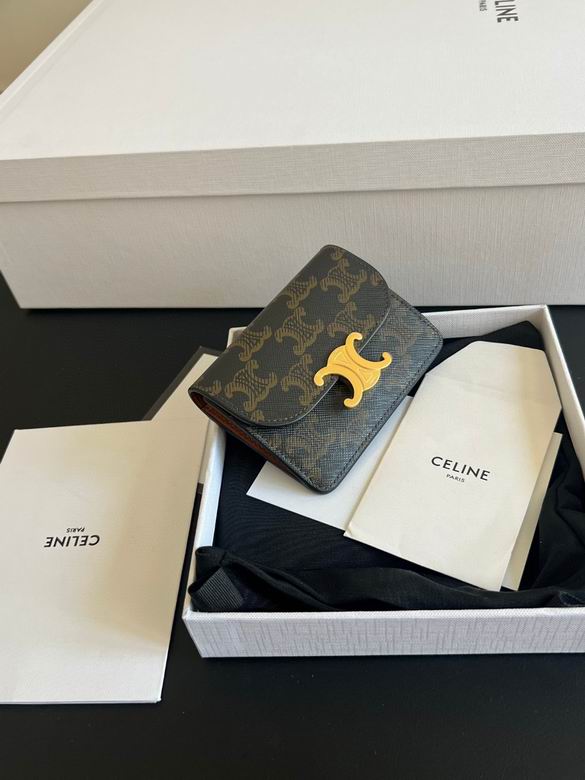 Celine Triomphe Small Flap Wallet in Black Triomphe Canvas with Gold Clasp