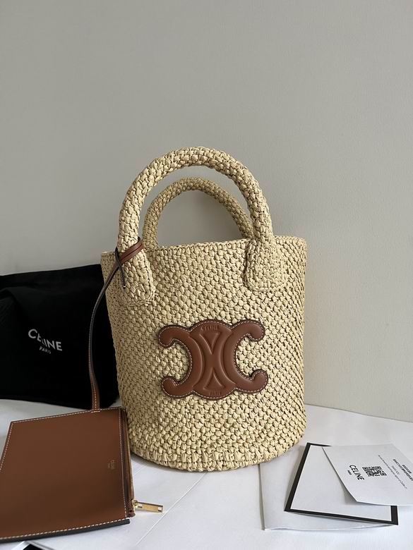 Celine Triomphe Woven Bucket Bag in Natural Raffia with Tan Leather Logo
