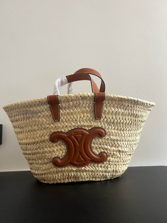 Celine Triomphe Classic Panier Basket Tote in Natural Palm Leaf and Tan Leather