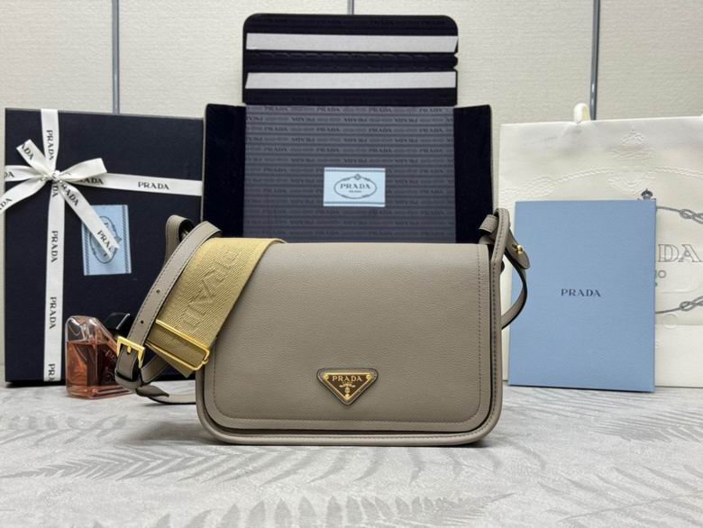 Prada Flap Shoulder Bag in Taupe Grey Leather with Woven Jacquard Strap