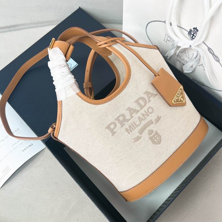 Prada Small Canvas and Leather Bucket Tote with Shoulder Strap in Beige and Tan
