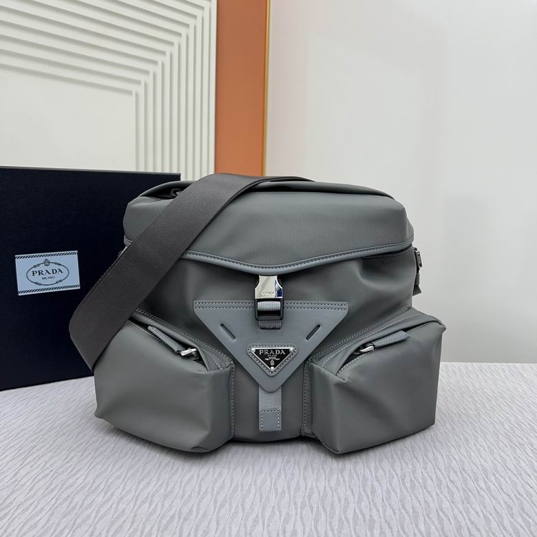 Prada Triangle Logo Crossbody Messenger Bag with Front Pockets in Grey Nylon