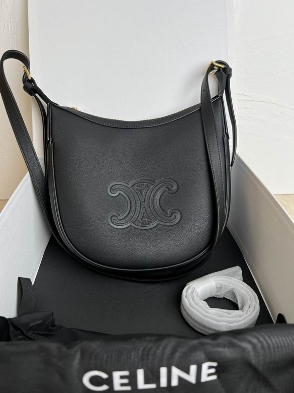 Celine Triomphe Small Hobo Shoulder Bag in Black Grained Leather