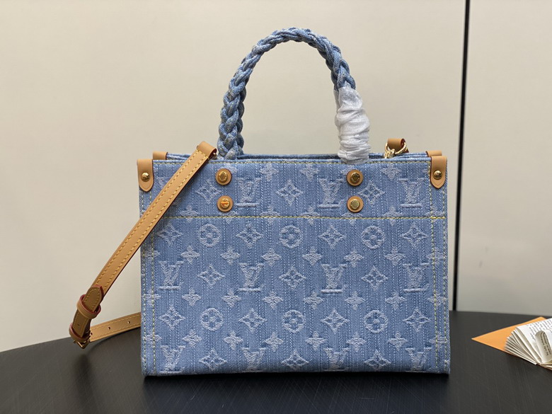 Louis Vuitton Onthego PM Tote in Blue Monogram Denim with Braided Handle