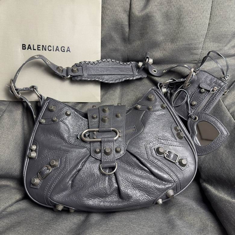 Balenciaga Le Cagole Shoulder Bag in Gray Studded Crinkled Leather