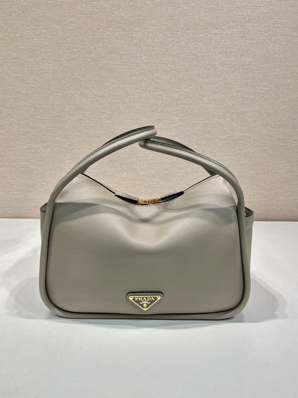 Prada Top-Handle Hobo Bag in Greige Grained Leather with Triangle Logo