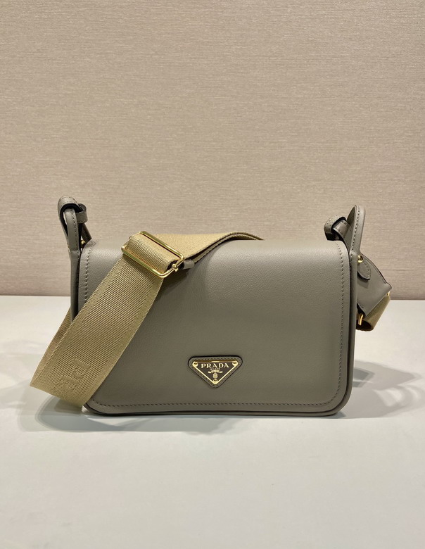 Prada Flap Shoulder Bag in Grey Leather with Beige Webbing Strap
